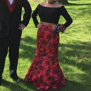RED AND BLACK FLORAL PROM DRESS